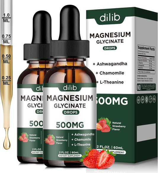 Magnesium Glycinate Liquid Drops with Ashwagandha & Chamomile for Stress Relief - 2 Pack Strawberry Flavor