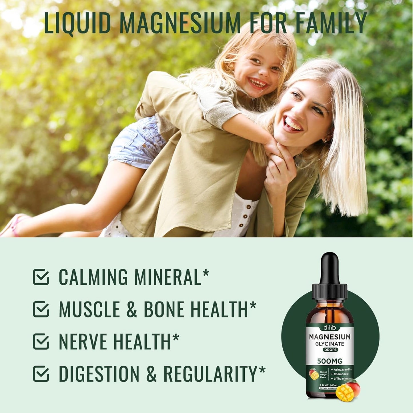 Magnesium Glycinate Liquid Drops with Ashwagandha, L-Theanine, and Chamomile for Stress Relief and Mood Support - Vegan Mango Flavor - 500mg