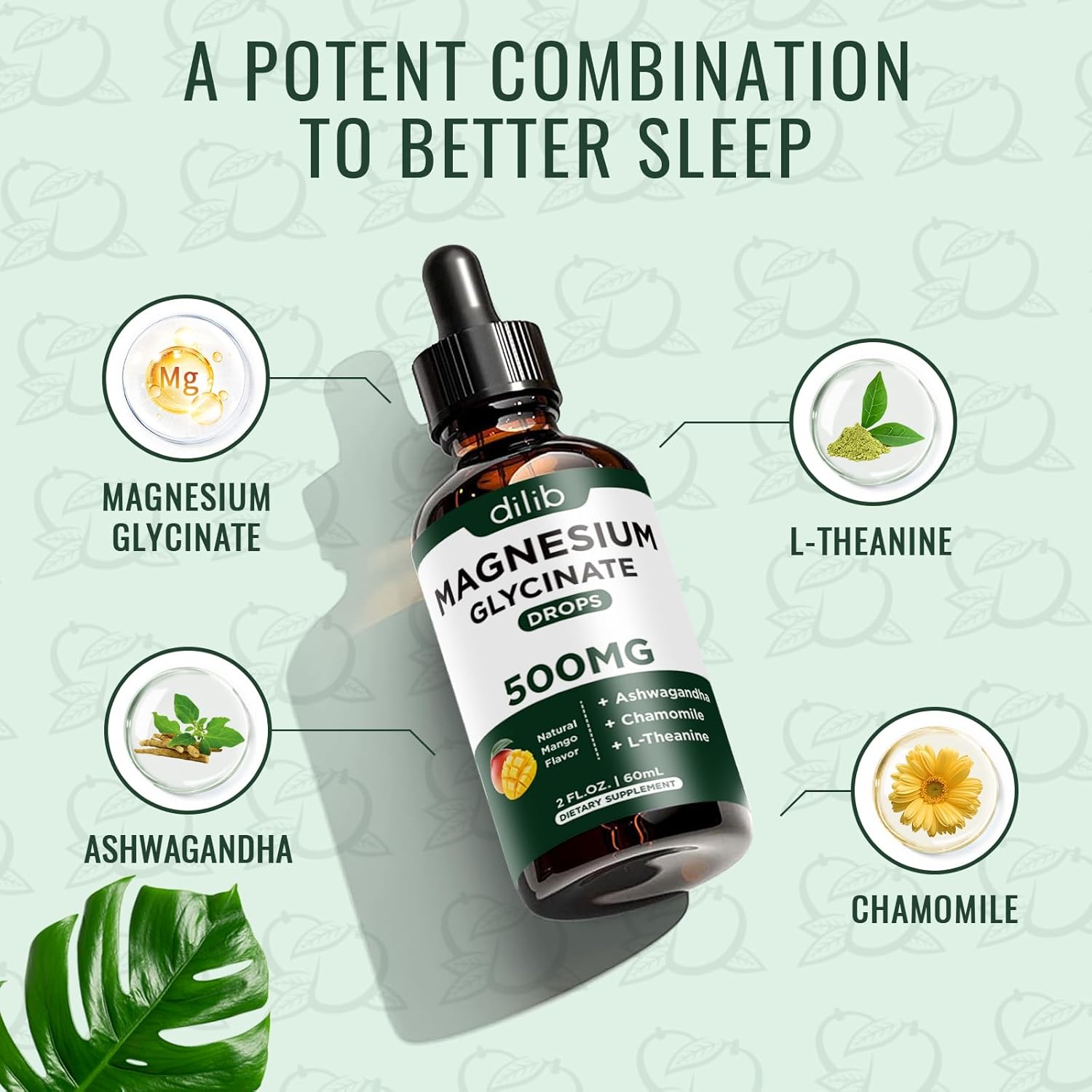 Magnesium Glycinate Liquid Drops with Ashwagandha, L-Theanine, and Chamomile for Stress Relief and Mood Support - Vegan Mango Flavor - 500mg