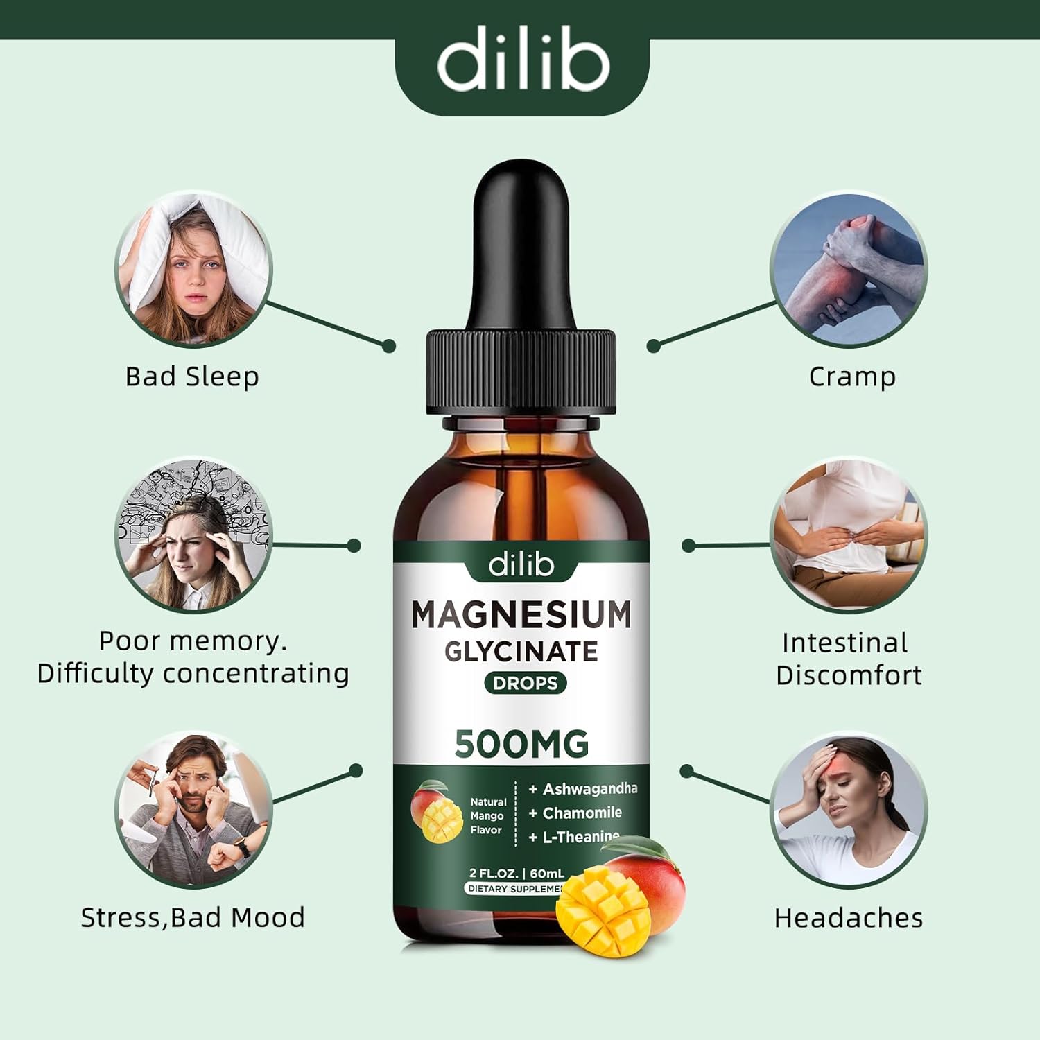 Magnesium Glycinate Liquid Drops with Ashwagandha, L-Theanine, and Chamomile for Stress Relief and Mood Support - Vegan Mango Flavor - 500mg