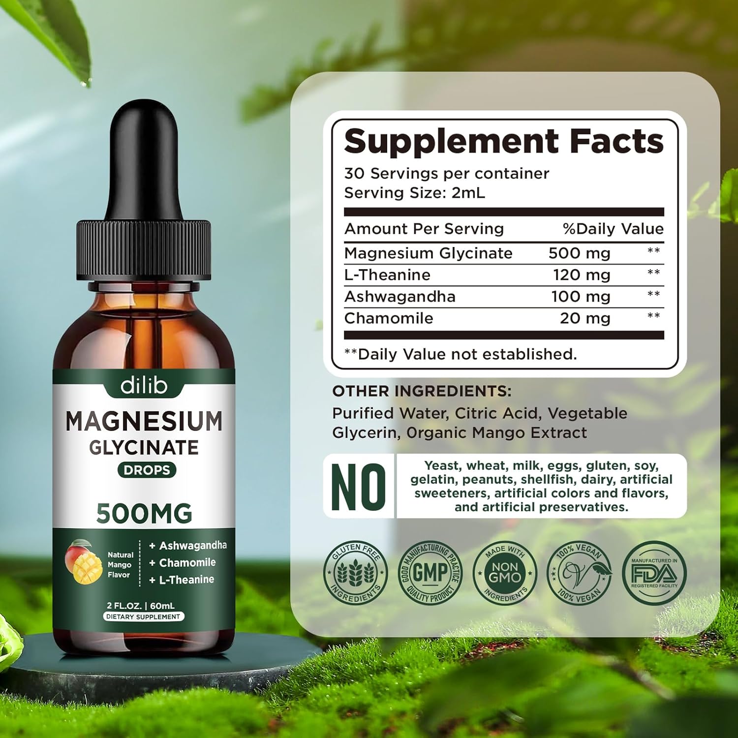 Magnesium Glycinate Liquid Drops with Ashwagandha, L-Theanine, and Chamomile for Stress Relief and Mood Support - Vegan Mango Flavor - 500mg