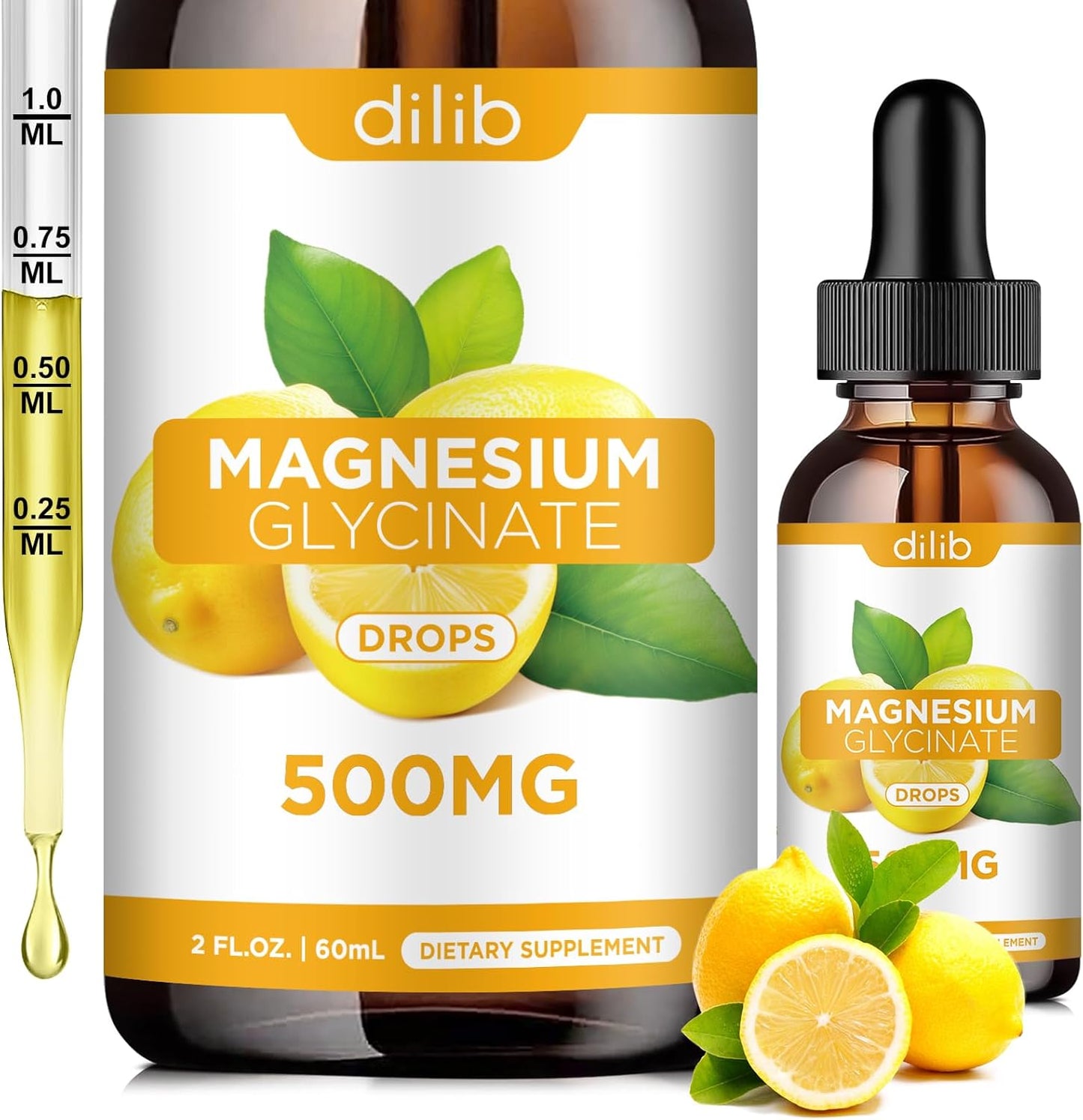 Magnesium Glycinate Liquid Drops with Calcium, Zinc, Vitamin B6, D3, L-Theanine, Omega-3 - Lemon Flavor for Sleep, Mood, Stress Relief, Bone & Muscle Health