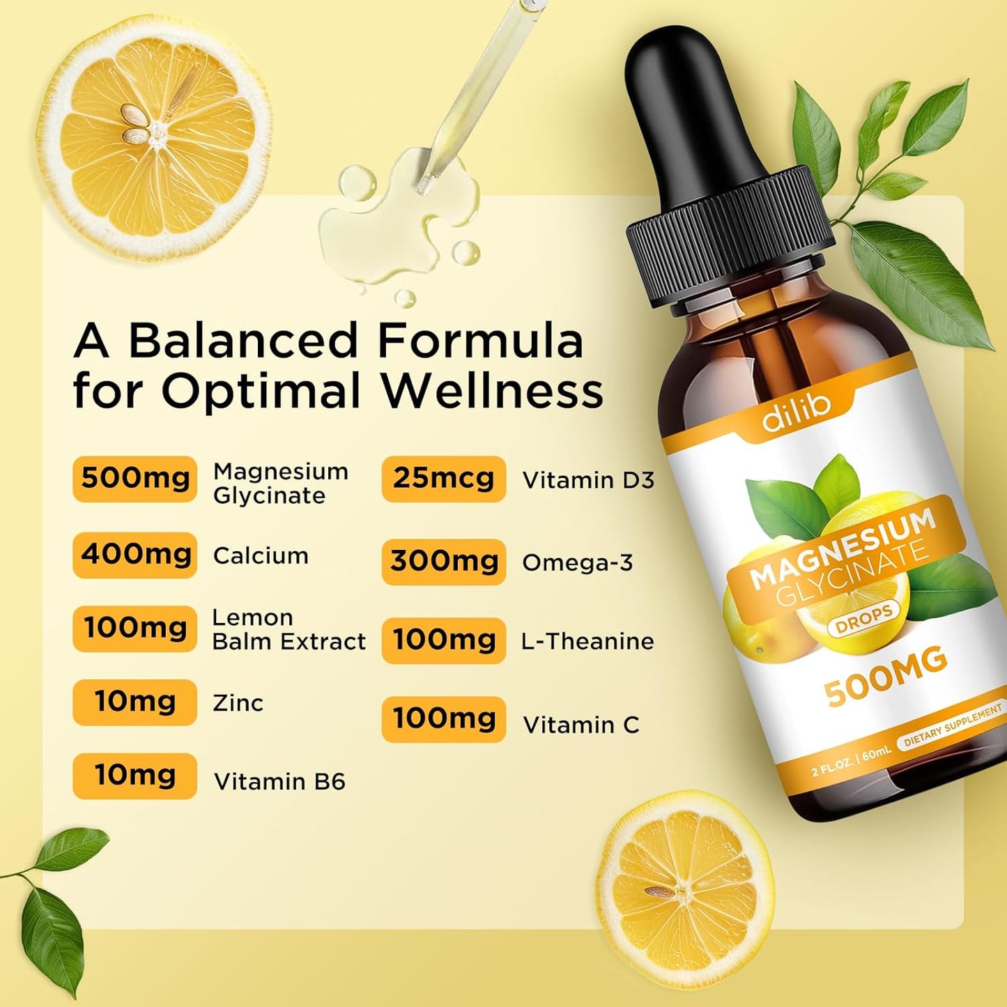 Magnesium Glycinate Liquid Drops with Calcium, Zinc, Vitamin B6, D3, L-Theanine, Omega-3 - Lemon Flavor for Sleep, Mood, Stress Relief, Bone & Muscle Health