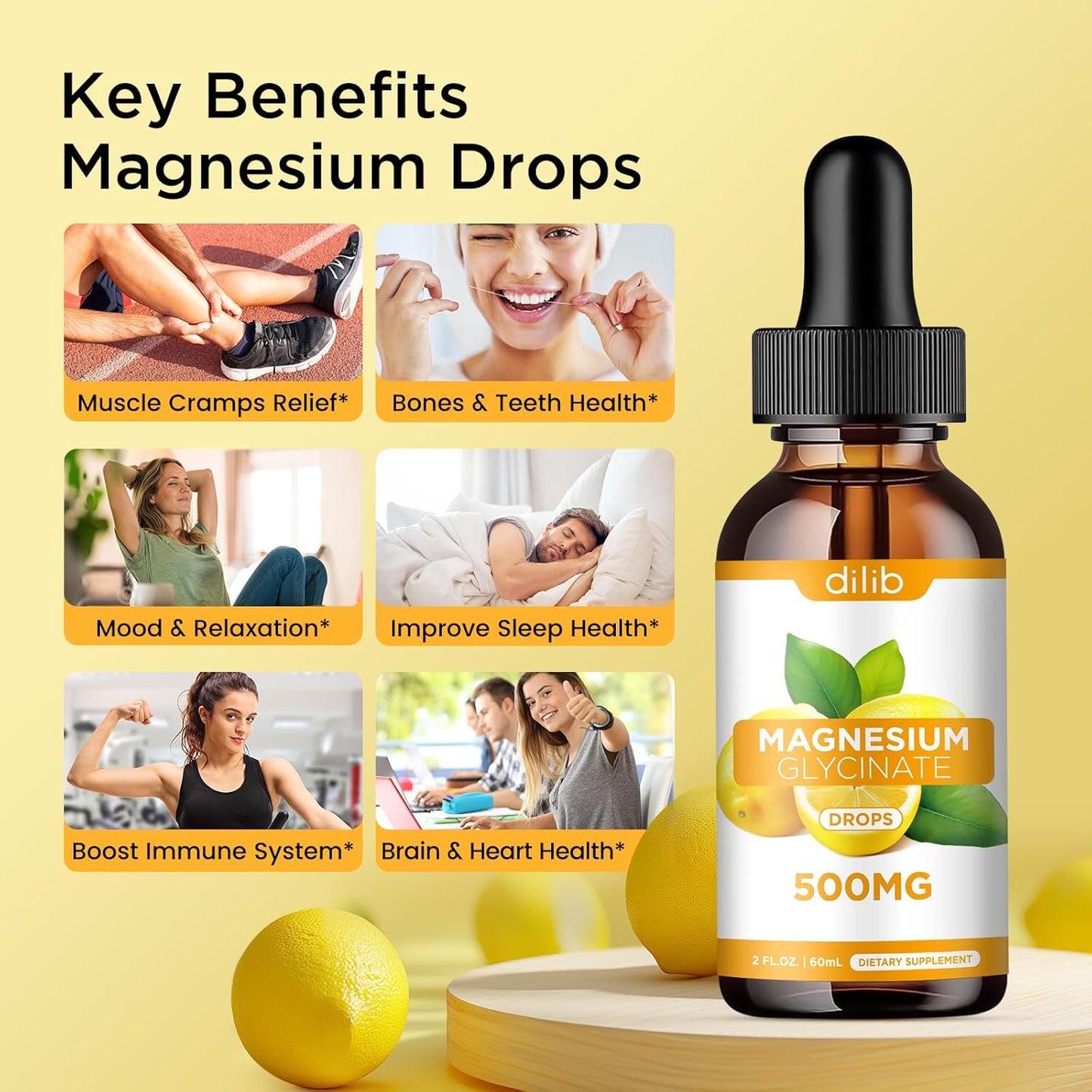 Magnesium Glycinate Liquid Drops with Calcium, Zinc, Vitamin B6, D3, L-Theanine, Omega-3 - Lemon Flavor for Sleep, Mood, Stress Relief, Bone & Muscle Health