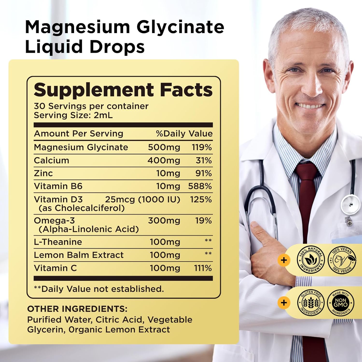 Magnesium Glycinate Liquid Drops with Calcium, Zinc, Vitamin B6, D3, L-Theanine, Omega-3 - Lemon Flavor for Sleep, Mood, Stress Relief, Bone & Muscle Health