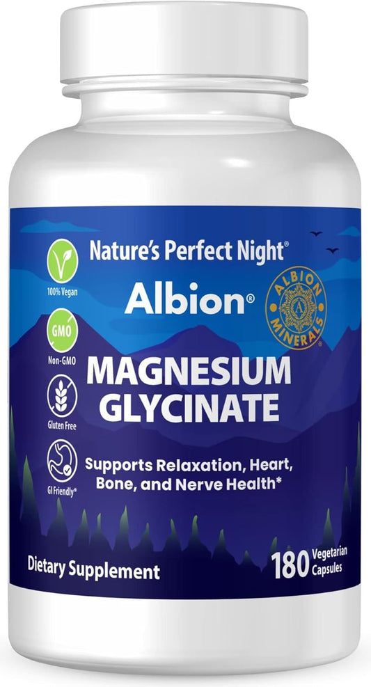 Magnesium Glycinate Supplement | Nature’s Perfect Night | 180 Caps | Chelated | Albion Gold Medallion | GI Friendly | Non-GMO | Gluten Free | Supports Relaxation, Heart, Bone, and Nerve Health
