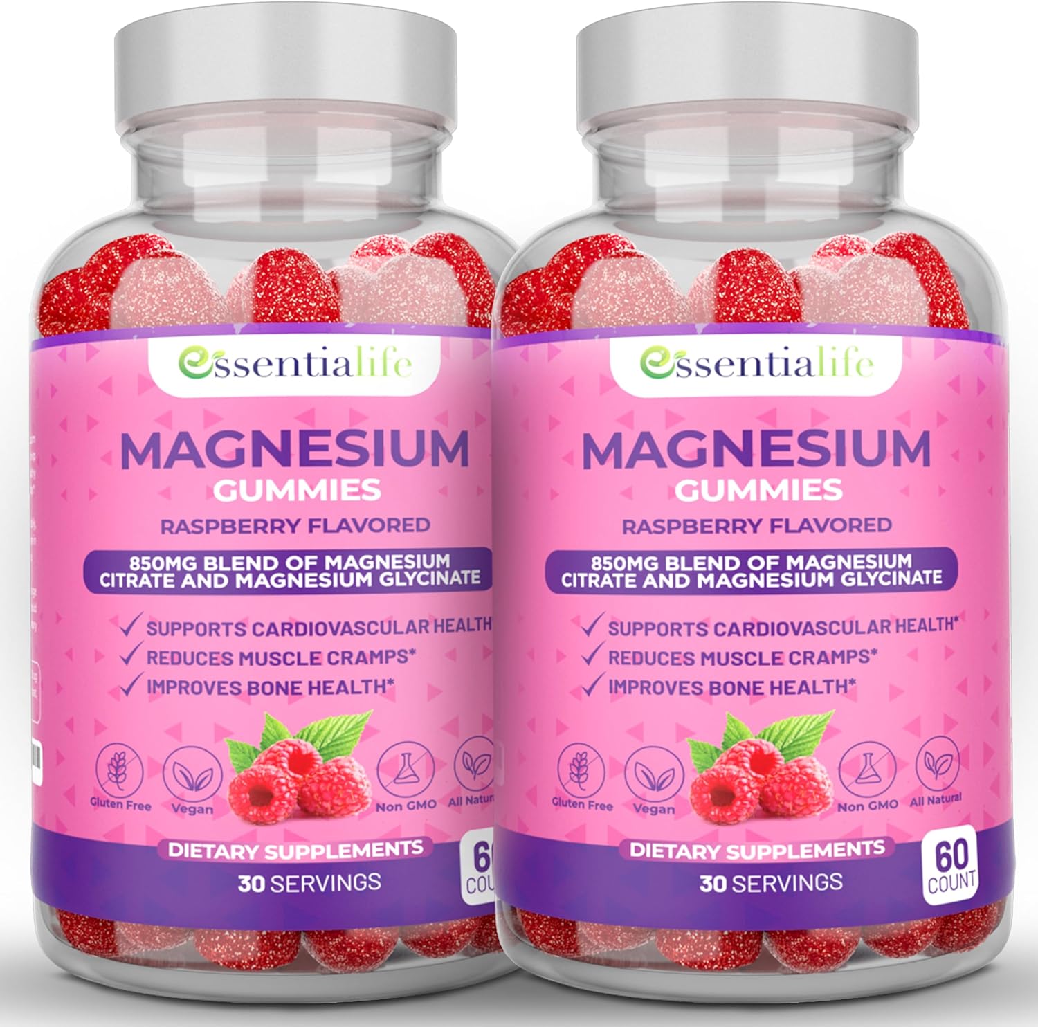 Magnesium Gummies 2-Pack Essentialife 100mg - Magnesium Citrate & Glycinate Blend for Digestion & Energy - Calm & Sleep Support