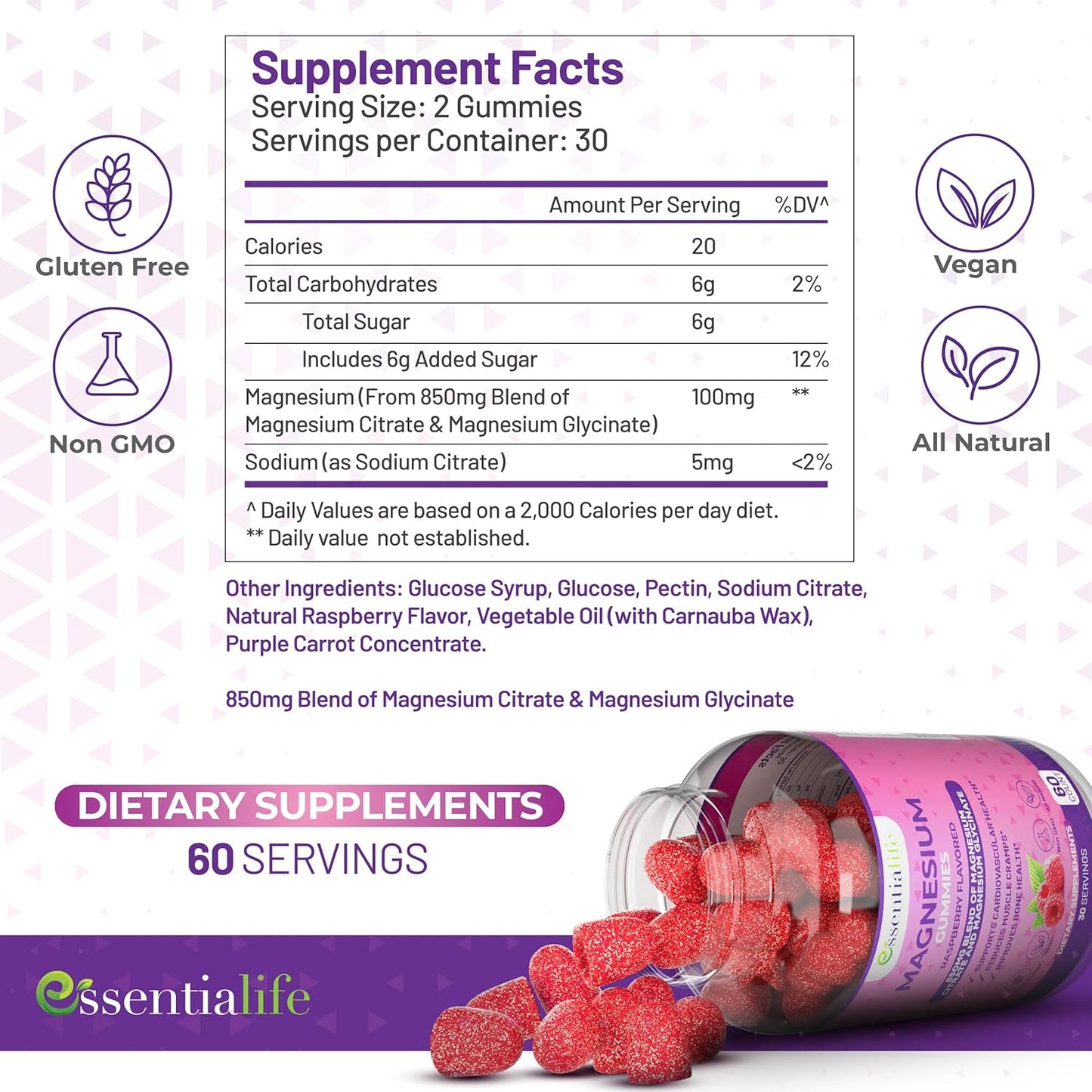 Magnesium Gummies 2-Pack Essentialife 100mg - Magnesium Citrate & Glycinate Blend for Digestion & Energy - Calm & Sleep Support