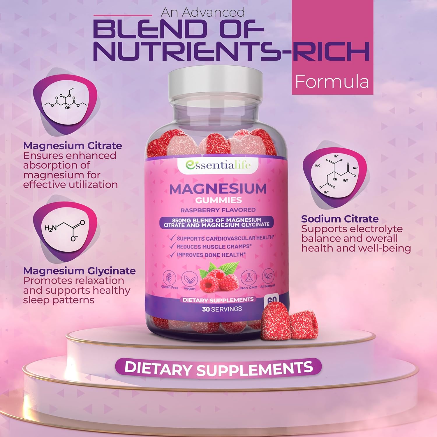 Magnesium Gummies 2-Pack Essentialife 100mg - Magnesium Citrate & Glycinate Blend for Digestion & Energy - Calm & Sleep Support