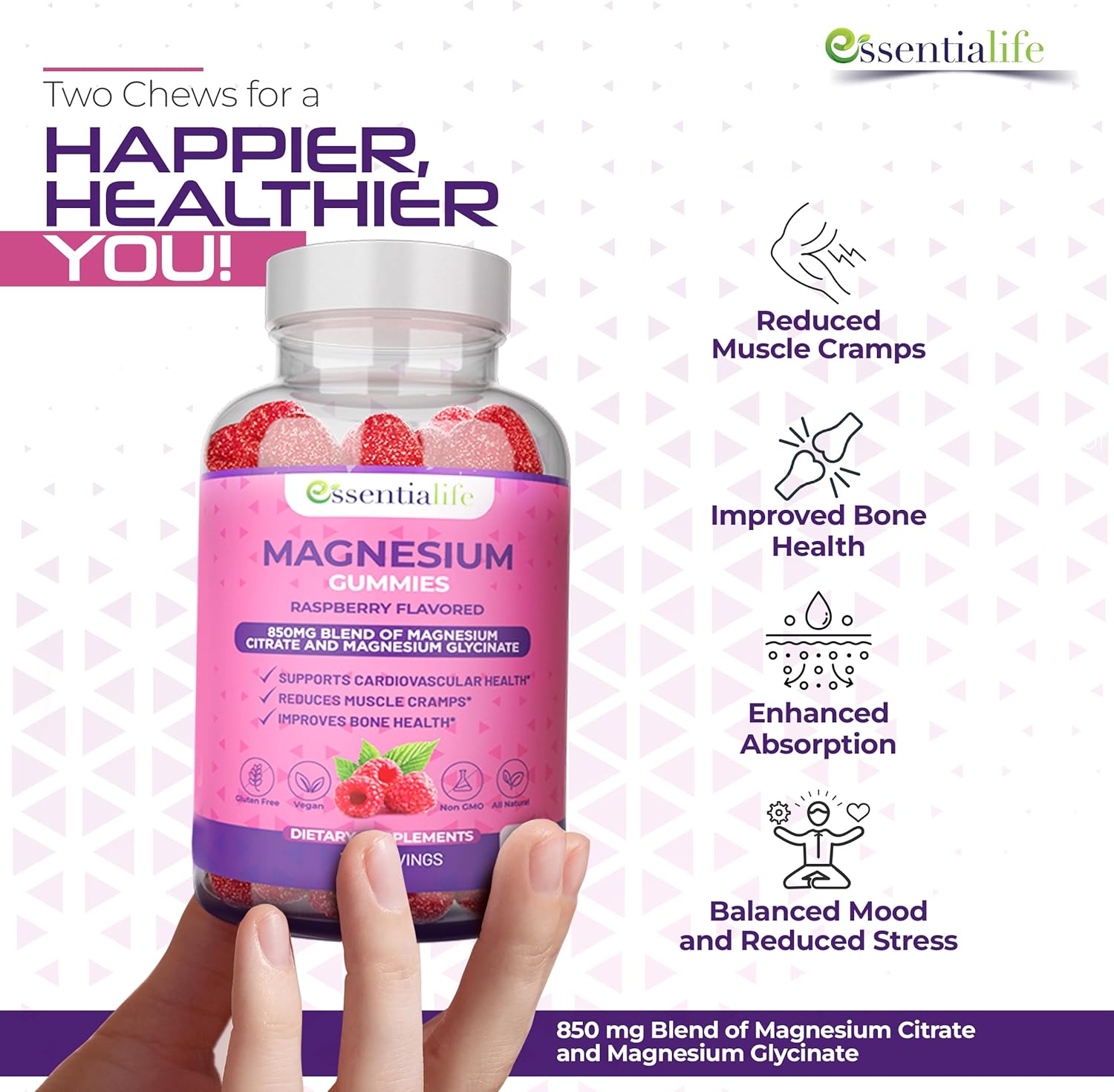 Magnesium Gummies 2-Pack Essentialife 100mg - Magnesium Citrate & Glycinate Blend for Digestion & Energy - Calm & Sleep Support