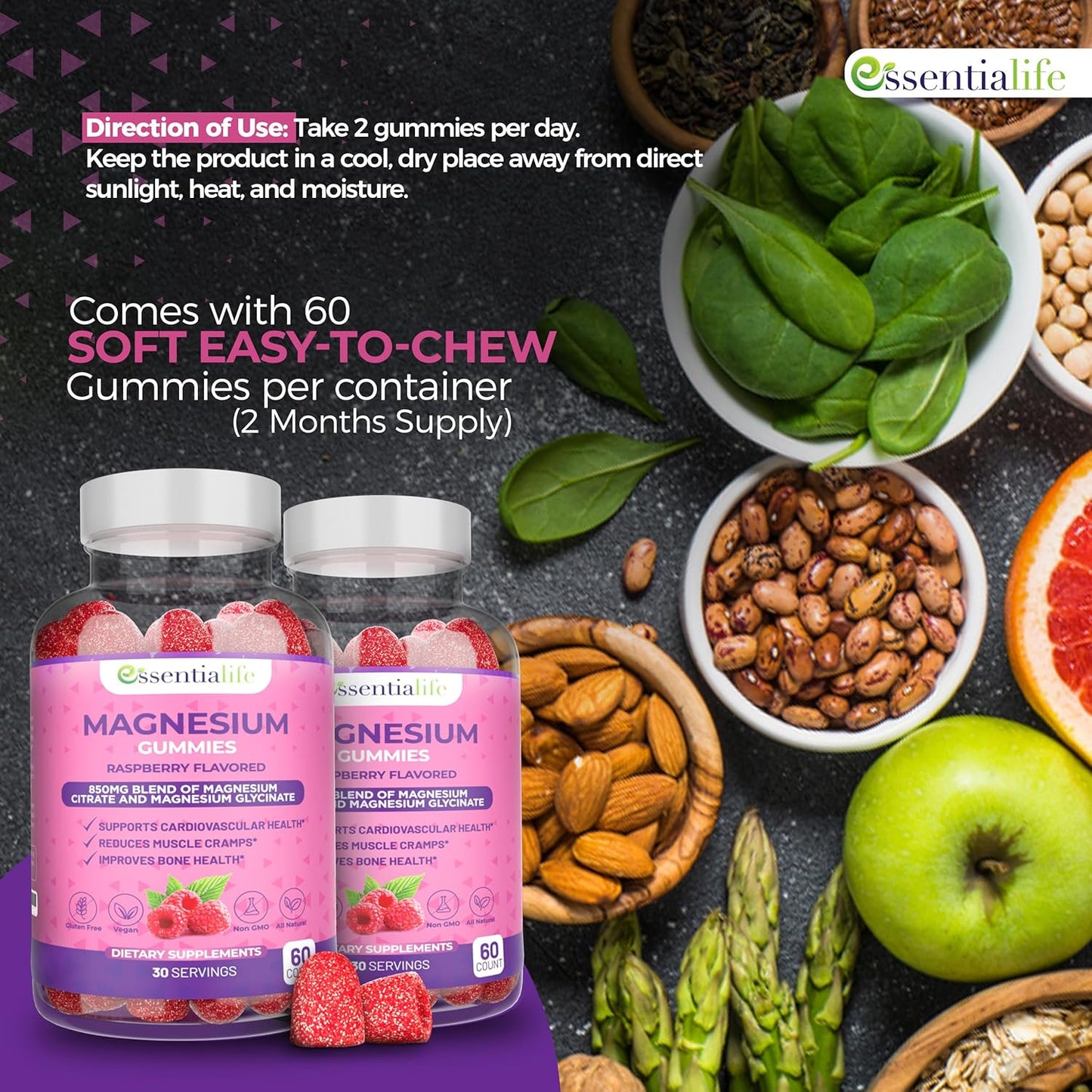 Magnesium Gummies 2-Pack Essentialife 100mg - Magnesium Citrate & Glycinate Blend for Digestion & Energy - Calm & Sleep Support