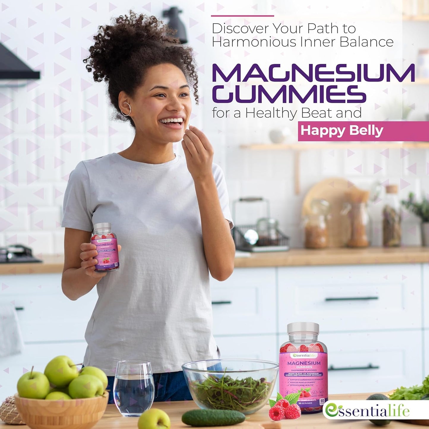 Magnesium Gummies 2-Pack Essentialife 100mg - Magnesium Citrate & Glycinate Blend for Digestion & Energy - Calm & Sleep Support