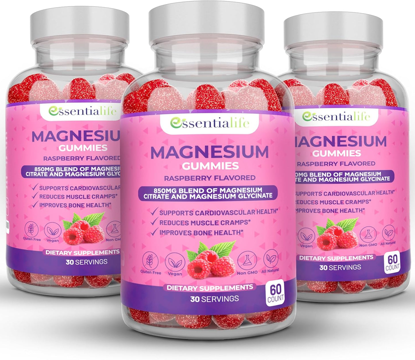 Magnesium Gummies 3-Pack: Essentialife 100mg per Serving, Digestive Support, Calm Energy, Sleep Aid with Magnesium Citrate & Glycinate Blend