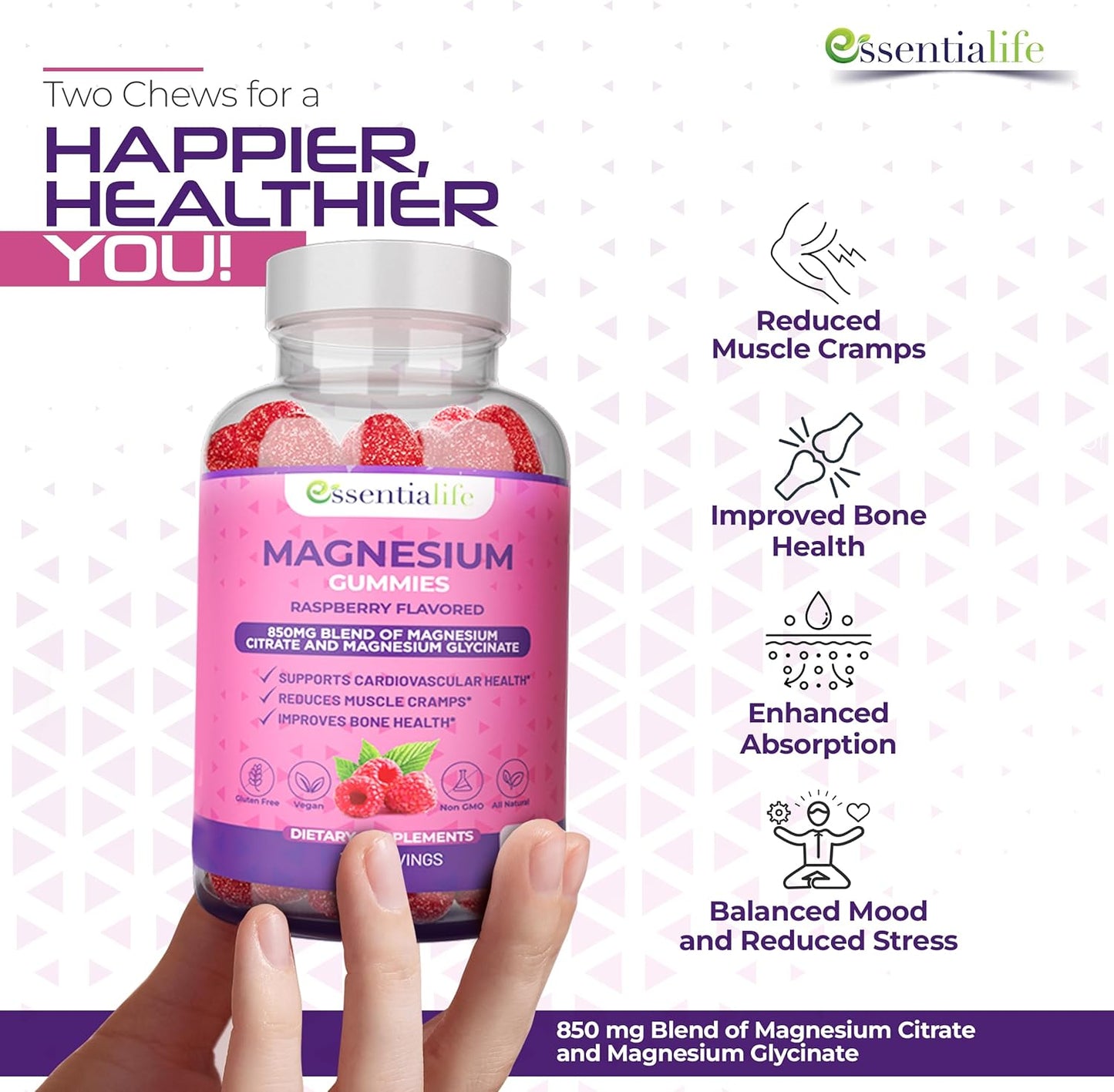 Magnesium Gummies 3-Pack: Essentialife 100mg per Serving, Digestive Support, Calm Energy, Sleep Aid with Magnesium Citrate & Glycinate Blend