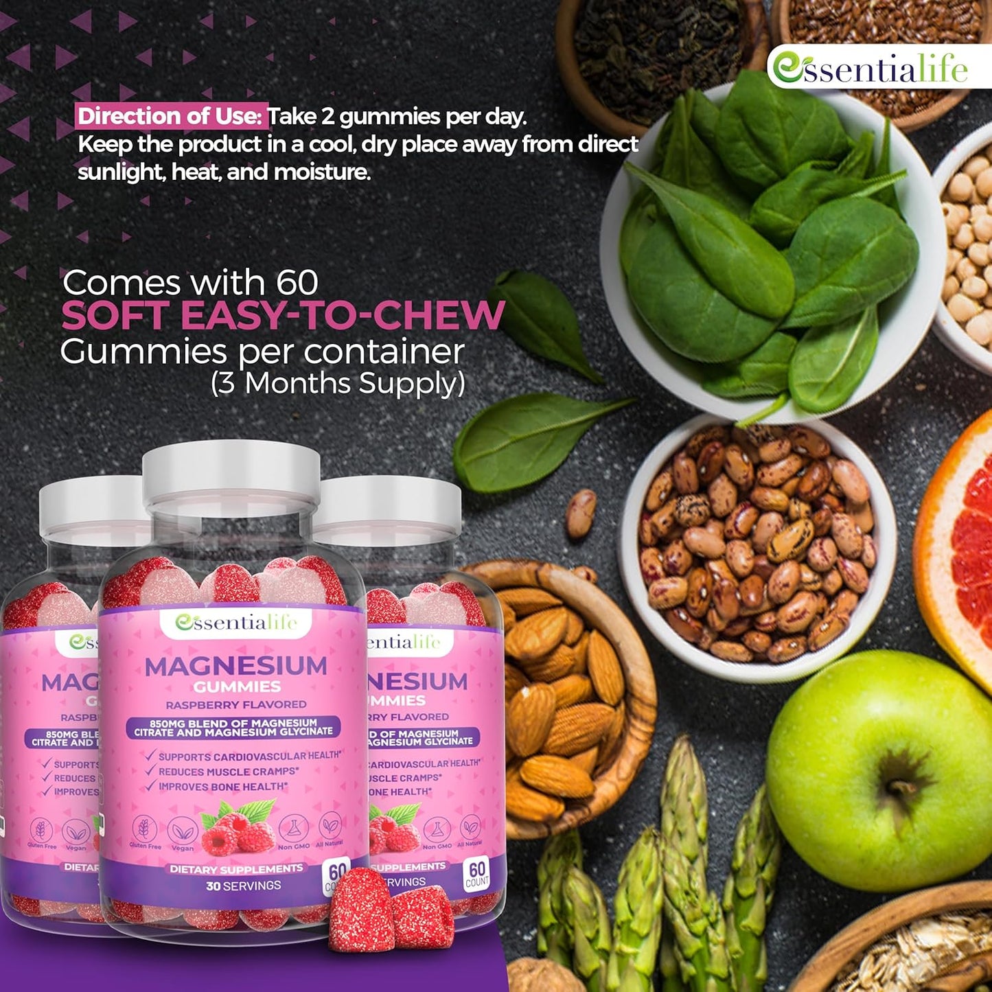 Magnesium Gummies 3-Pack: Essentialife 100mg per Serving, Digestive Support, Calm Energy, Sleep Aid with Magnesium Citrate & Glycinate Blend