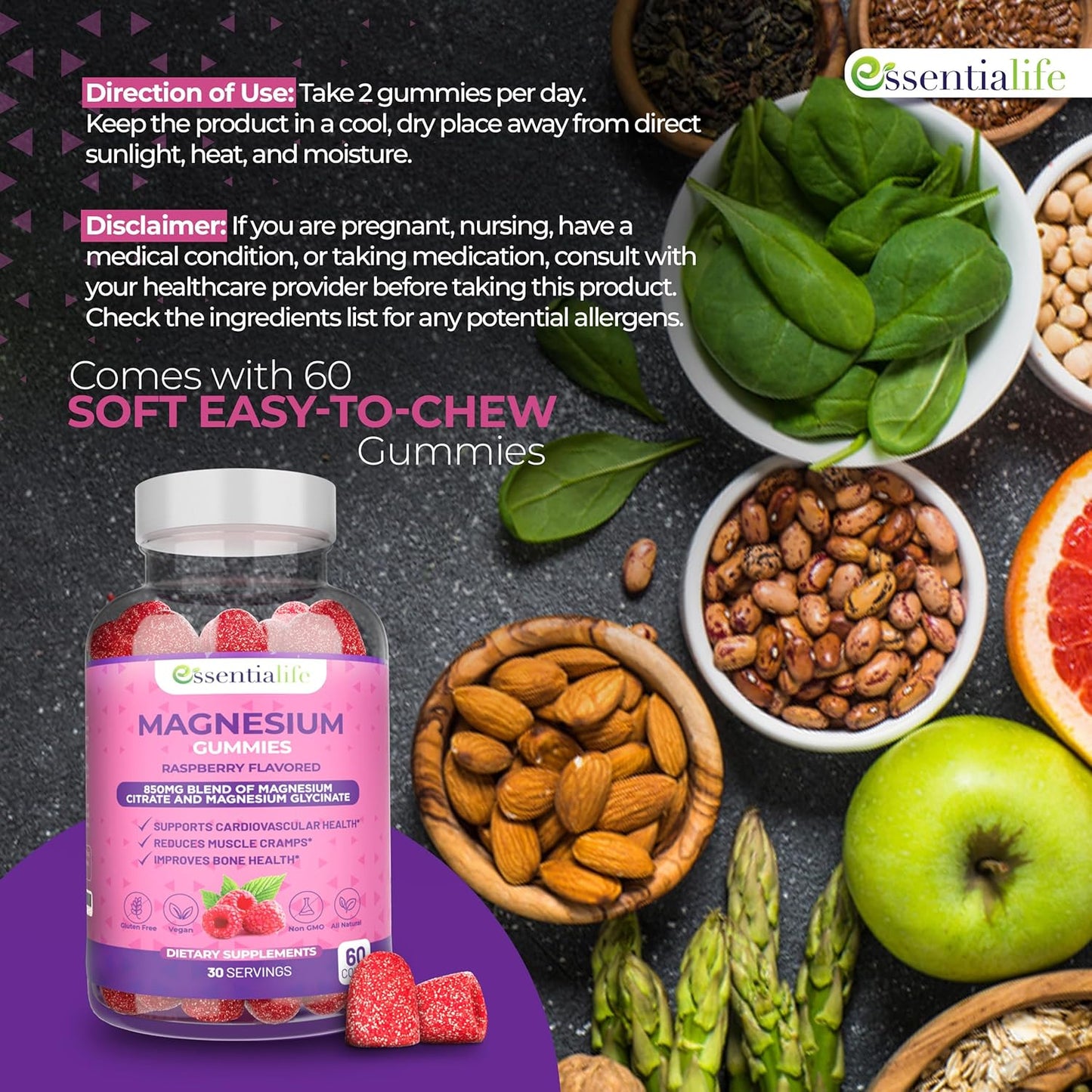 Magnesium Gummies for Sleep and Energy - 100mg Pure Magnesium per Serving - 850mg Blend for Digestion - 60 Count Pack