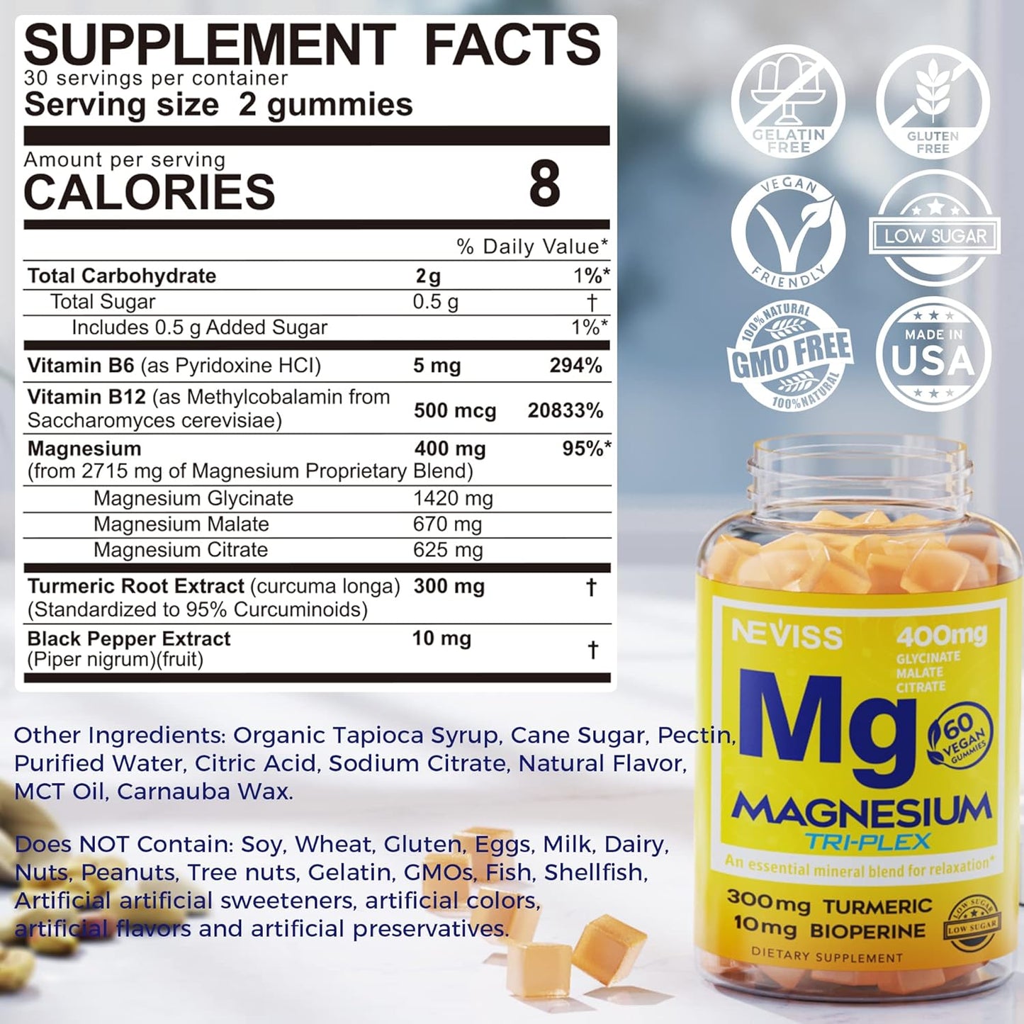 Magnesium Gummies with Zinc, Vitamin B6, B12, D3, Turmeric - 300mg Vegan Supplement