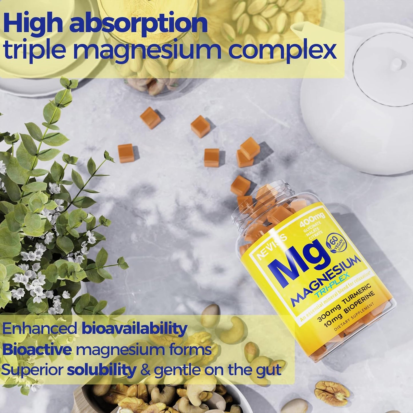 Magnesium Gummies with Zinc, Vitamin B6, B12, D3, Turmeric - 300mg Vegan Supplement