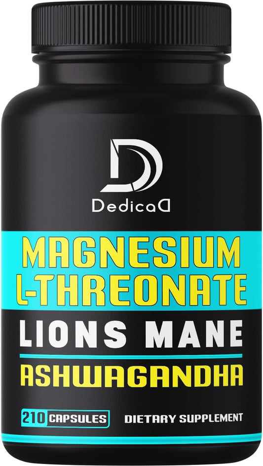 Magnesium L-Threonate Capsules with Lions Mane Mushroom & Ashwagandha Root - 210 Capsules - 1000mg Per Serving - DEDICAD Formula