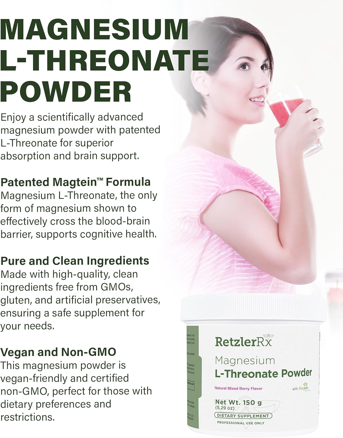 Magnesium L-Threonate Powder with Magtein - Cognitive Health Supplement - Mixed Berry Flavor - 60 Servings