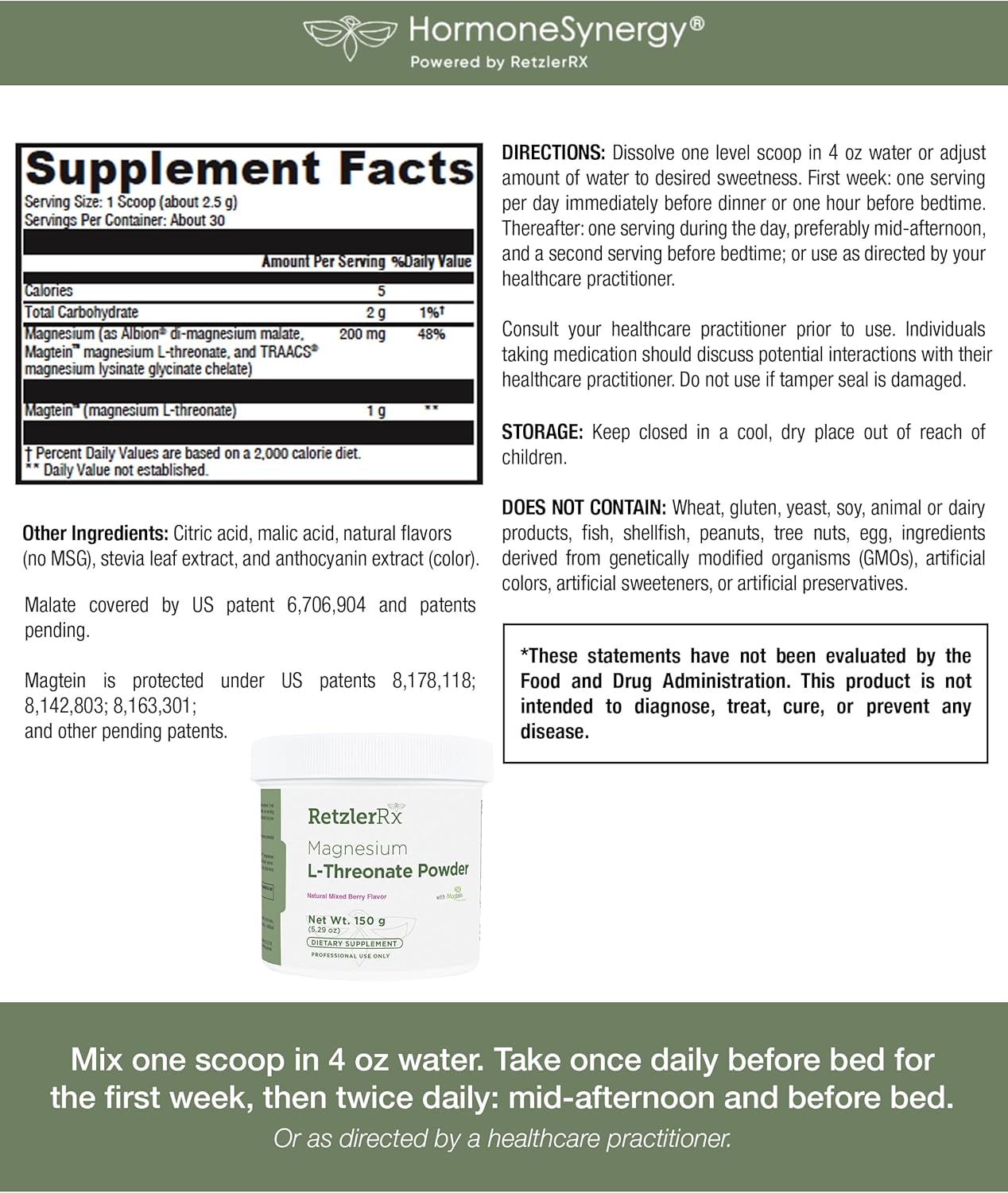 Magnesium L-Threonate Powder with Magtein - Cognitive Health Supplement - Mixed Berry Flavor - 60 Servings