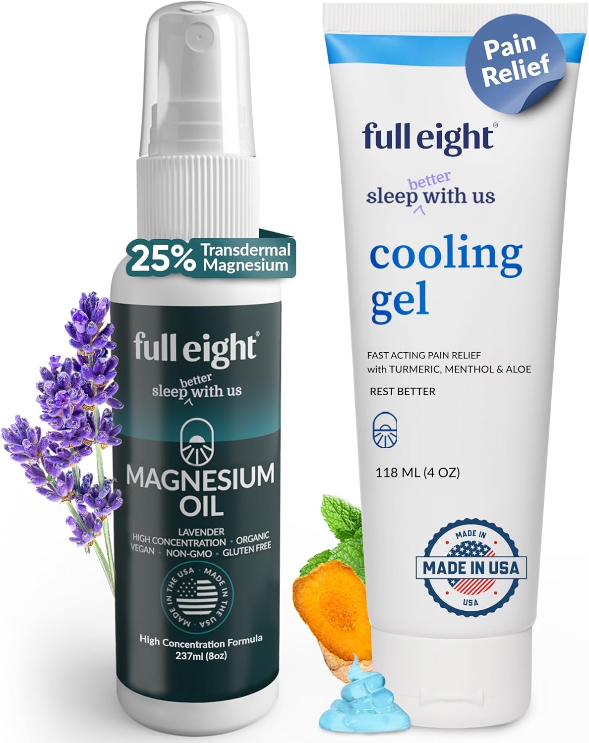 Magnesium Oil Spray and Cooling Gel Bundle - Turmeric, Menthol, Aloe 4 oz Cooling Gel & 8 oz Magnesium Oil Spray for Muscles & Cramps