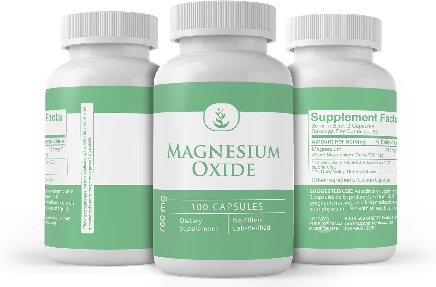 Magnesium Oxide Capsules - Pure Ingredients, No Additives, Lab Verified (100 Count)