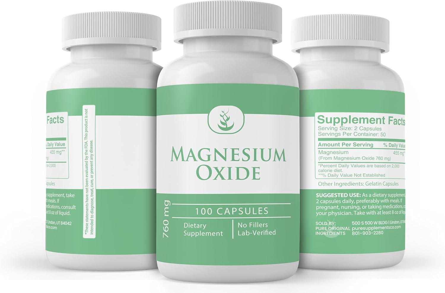 Magnesium Oxide Capsules - Pure Ingredients, No Additives, Lab Verified (100 Count)