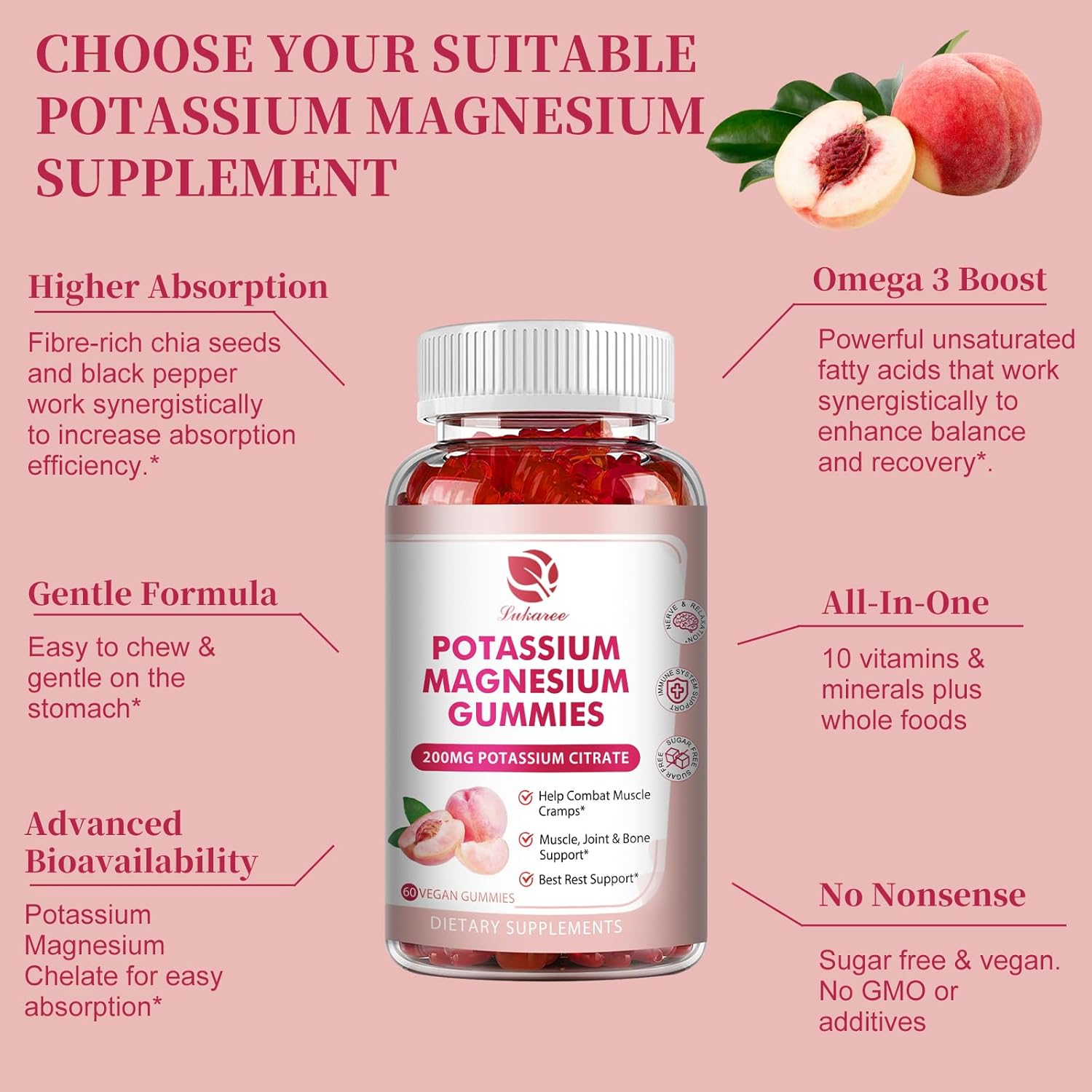 Magnesium Potassium Gummies with Omega 3, B6, D3, K2, and Calcium for Sleep, Muscle & Leg Cramps - 120 Gummies