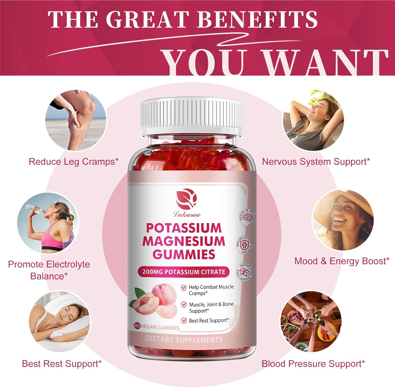 Magnesium Potassium Gummies with Omega 3, B6, D3, K2, and Calcium for Sleep, Muscle & Leg Cramps - 120 Gummies