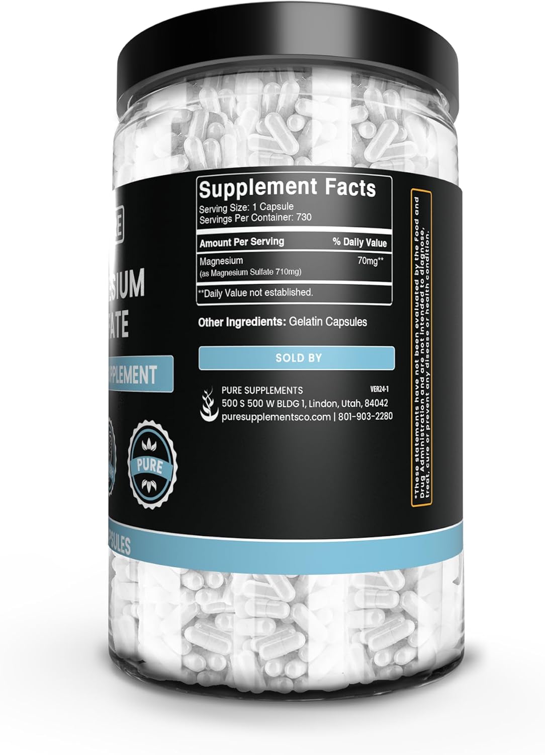 Magnesium Sulfate Capsules - 730 Count, Pure Ingredients, No Rice Fillers, Lab Verified