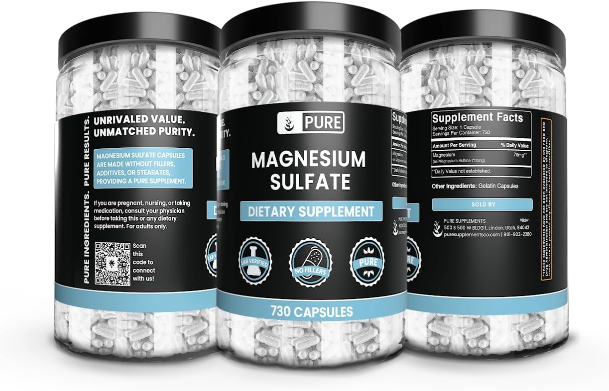 Magnesium Sulfate Capsules - 730 Count, Pure Ingredients, No Rice Fillers, Lab Verified