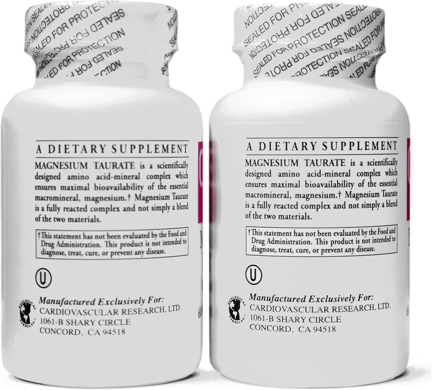 Magnesium Taurate Supplement for Cardiovascular Health - 125mg Elemental Magnesium - 120 Capsules (60 X 2)