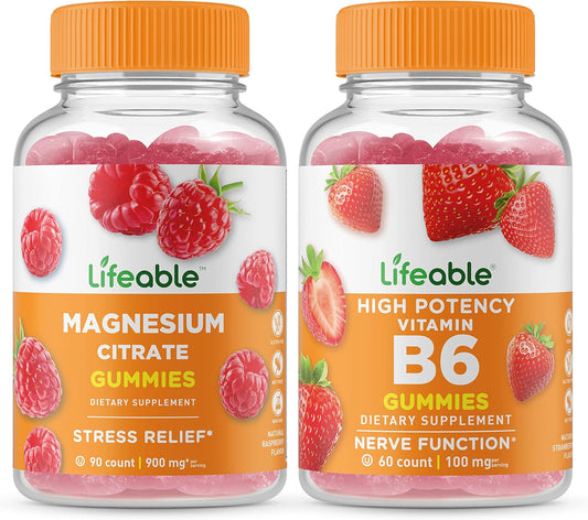 Magnesium + Vitamin B6 Gummies Bundle - Tasty Vitamin Supplement, Gluten-Free, GMO-Free Chewables