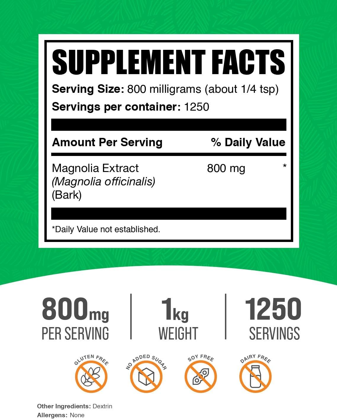 Magnolia Officinalis Bark Extract Powder - 800mg per Serving, 1kg (2.2 lbs) - Gluten Free Magnolia Supplement - Bulk Size Pack of 1