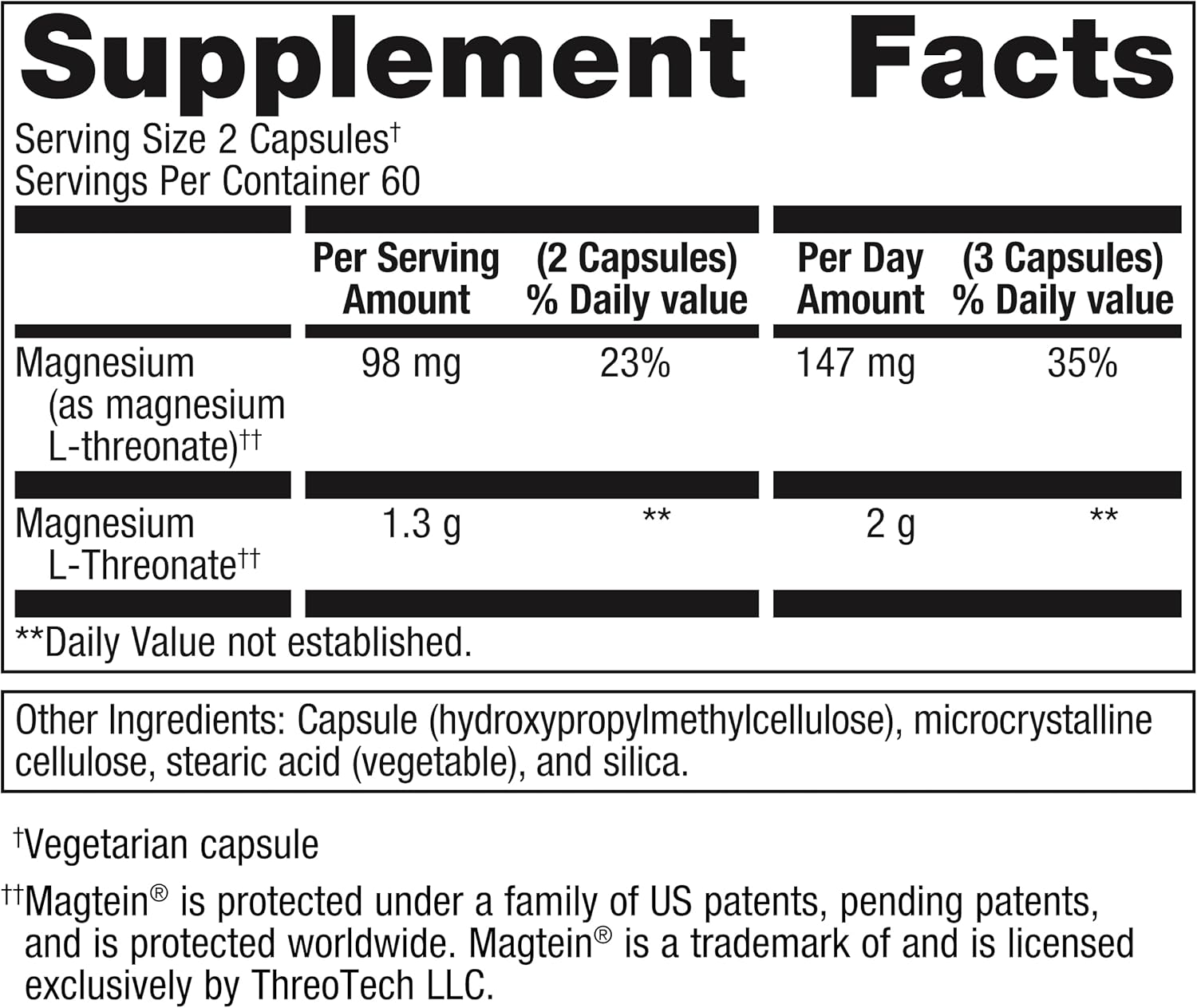 Magtein Magnesium L-Threonate Capsules - 147mg - Brain Health Supplement - Non-GMO & Gluten-Free Mineral Formula - 120ct