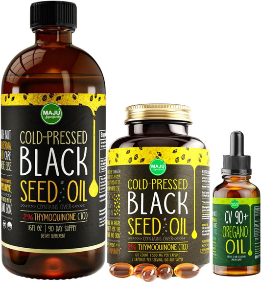 Maju Superfoods Bundle: Large Black Seed Oil and Oregano - Natural Health Benefits