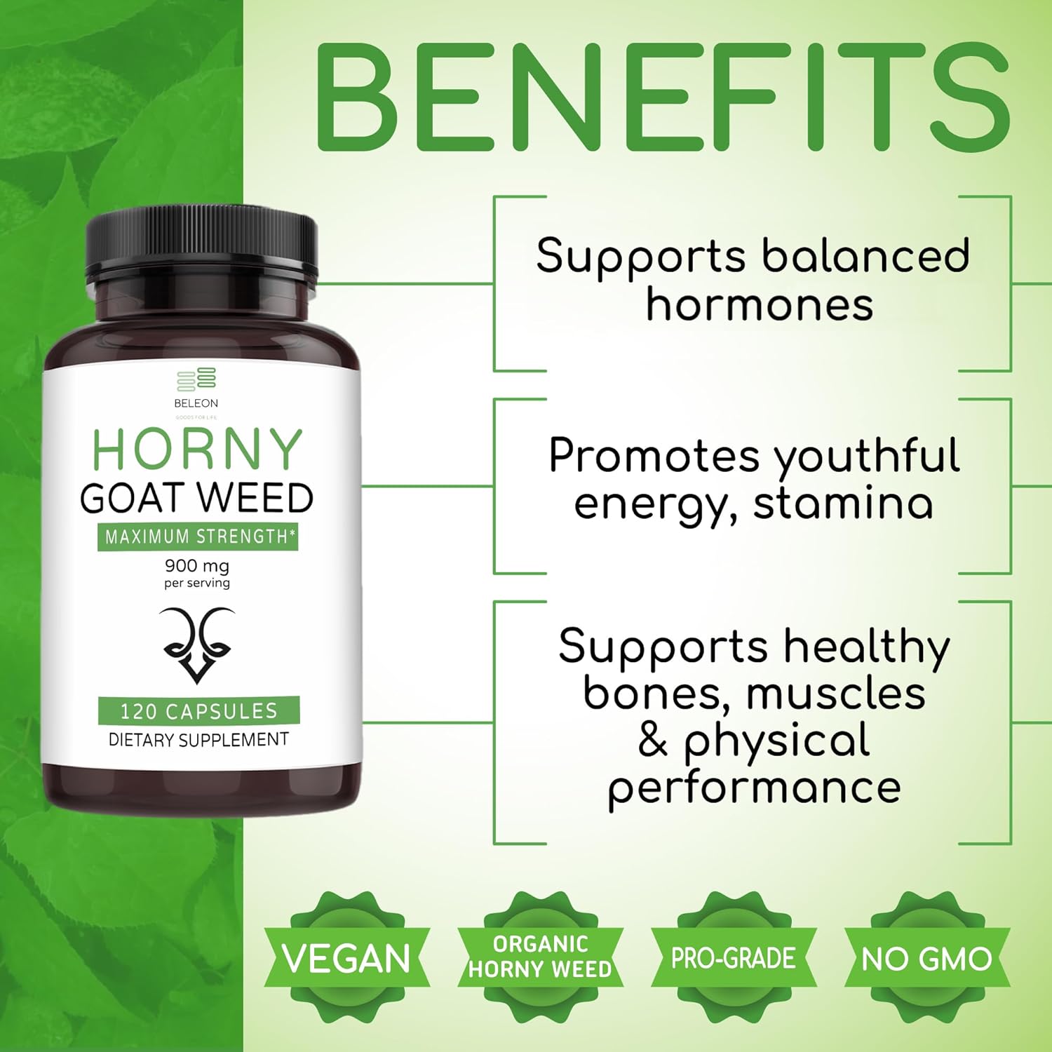 Male and Female Horny Goat Weed Extract Supplement for Stamina - 120 Capsules by Beleon Goods For Life