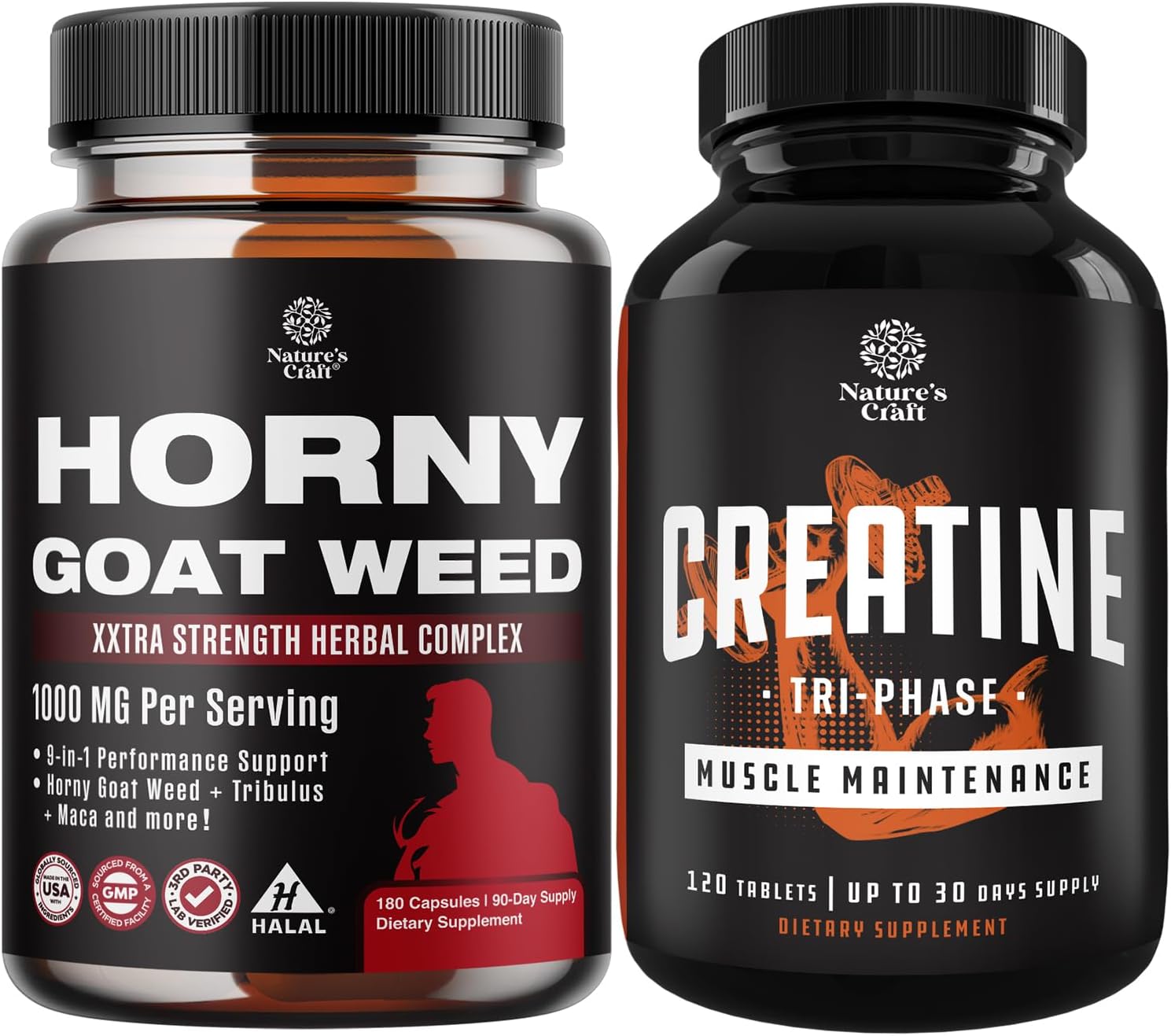Male Enhancement Bundle: Horny Goat Weed for Stamina & Energy + High Strength Tri Phase Creatine for Muscle Building