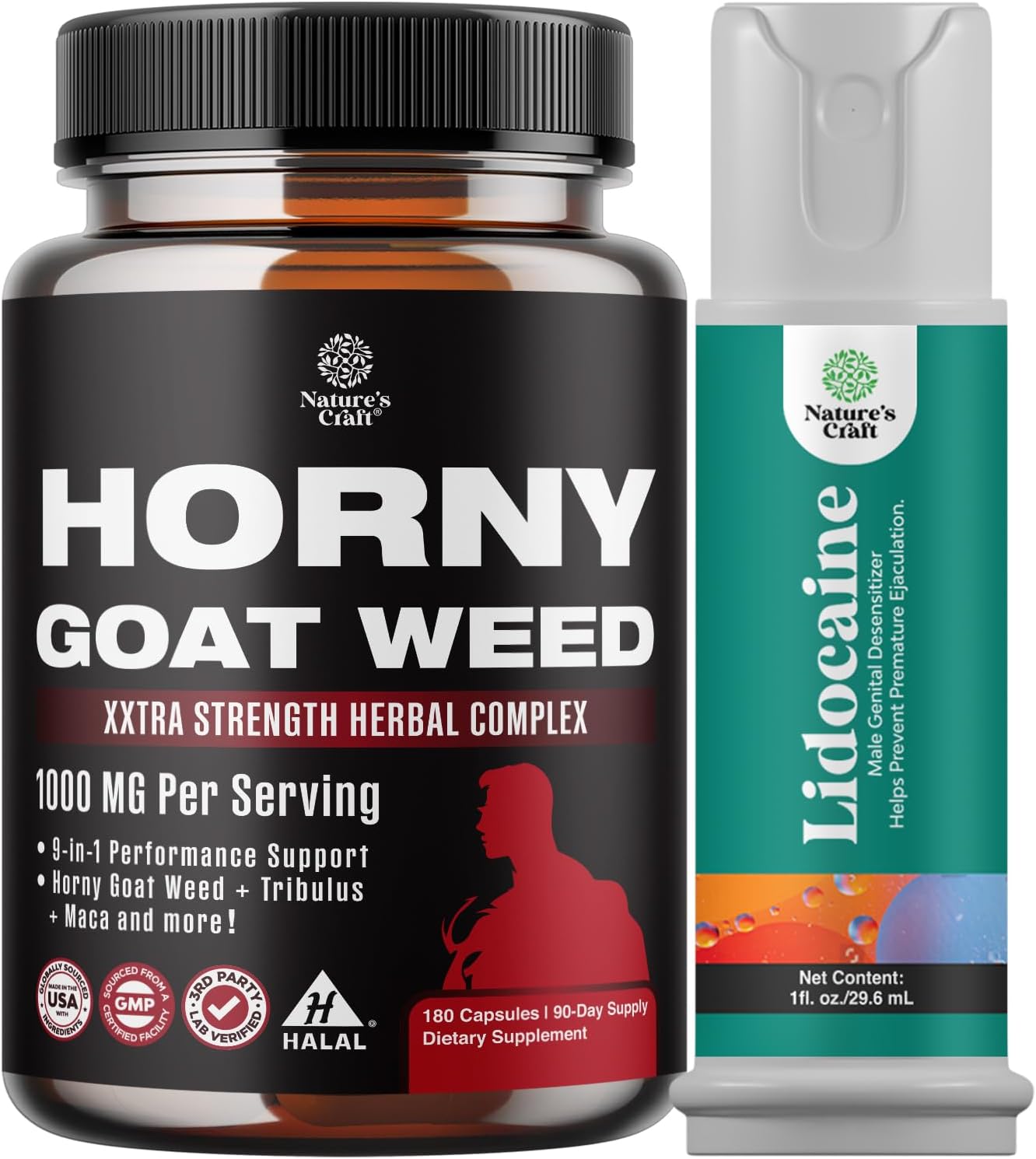 Male Enhancement Bundle: Horny Goat Weed for Stamina & Energy + Lidocaine Topical Spray for Climax Control