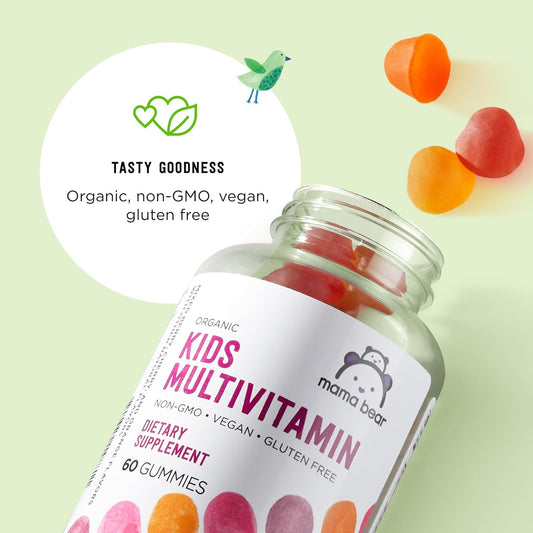 Mama Bear Organic Kids Multivitamin Gummies, 120 Count, 2 Month Supply, Berry, Cherry & Orange Flavors
