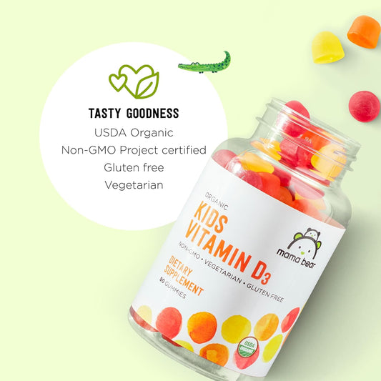 Mama Bear Organic Kids Vitamin D3 Gummies - 25 mcg (1000 IU) for Bone & Immune Health, Strawberry Flavor, 160 Count