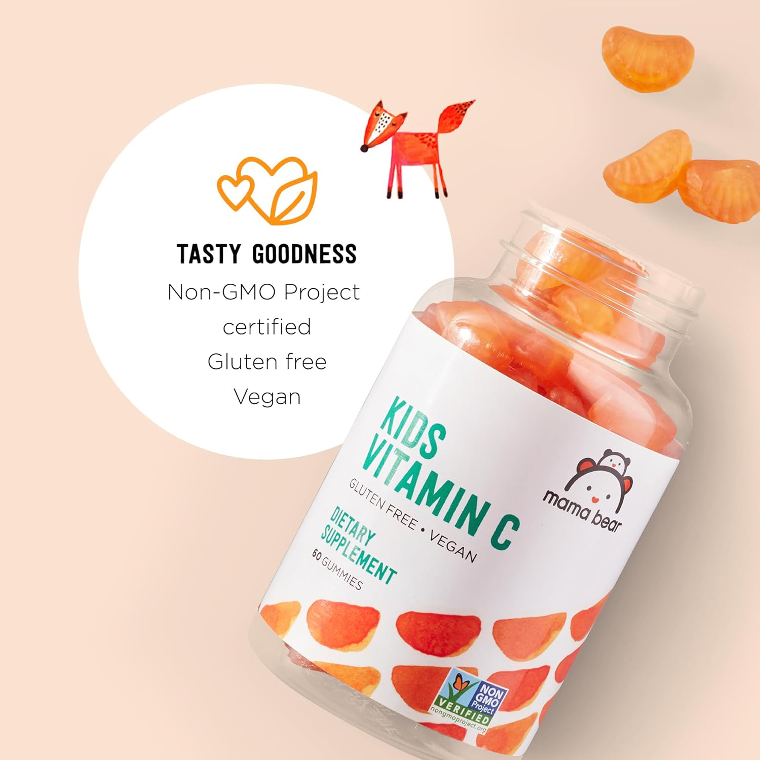 Mama Bear Vegan Kids Vitamin C Gummies - Orange Flavor, 60 Count, 125mg per Gummy, Immune Health Support (Pack of 2)