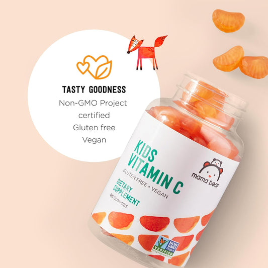Mama Bear Vegan Kids Vitamin C Gummies - Orange Flavor, 60 Count, 125mg per Gummy, Immune Health Support (Pack of 2)