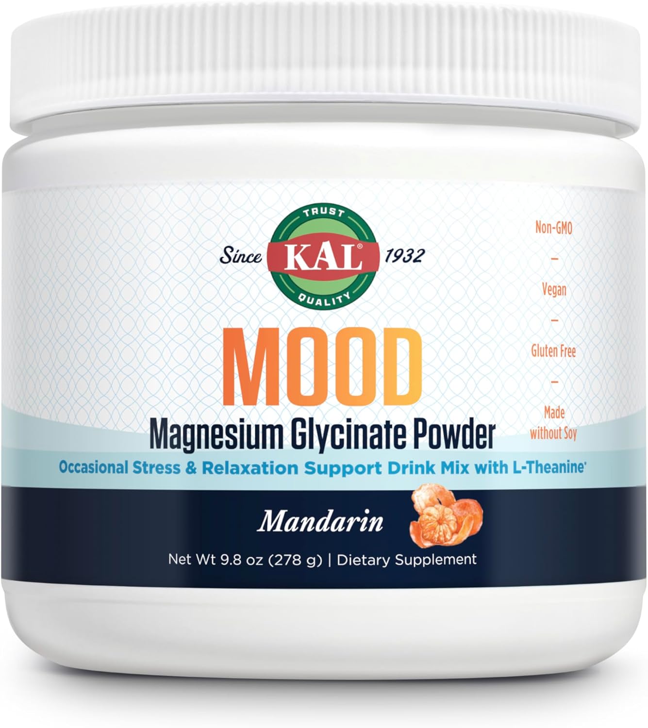 Mandarin Flavored KAL Mood Magnesium Powder with L-Theanine - Relaxation Support, Vegan & Gluten-Free Supplement - 40 Servings, 9.8 oz