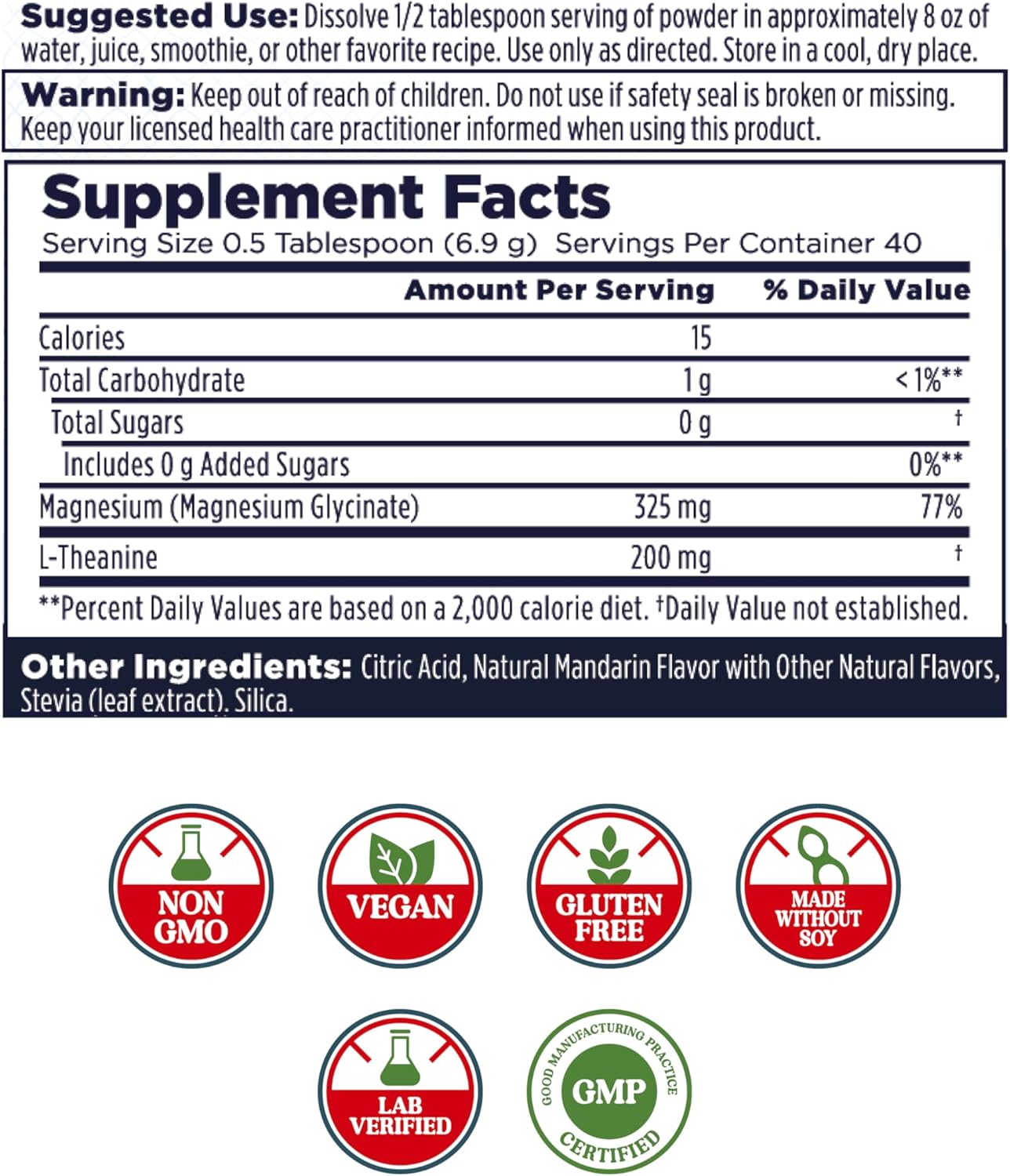 Mandarin Flavored KAL Mood Magnesium Powder with L-Theanine - Relaxation Support, Vegan & Gluten-Free Supplement - 40 Servings, 9.8 oz