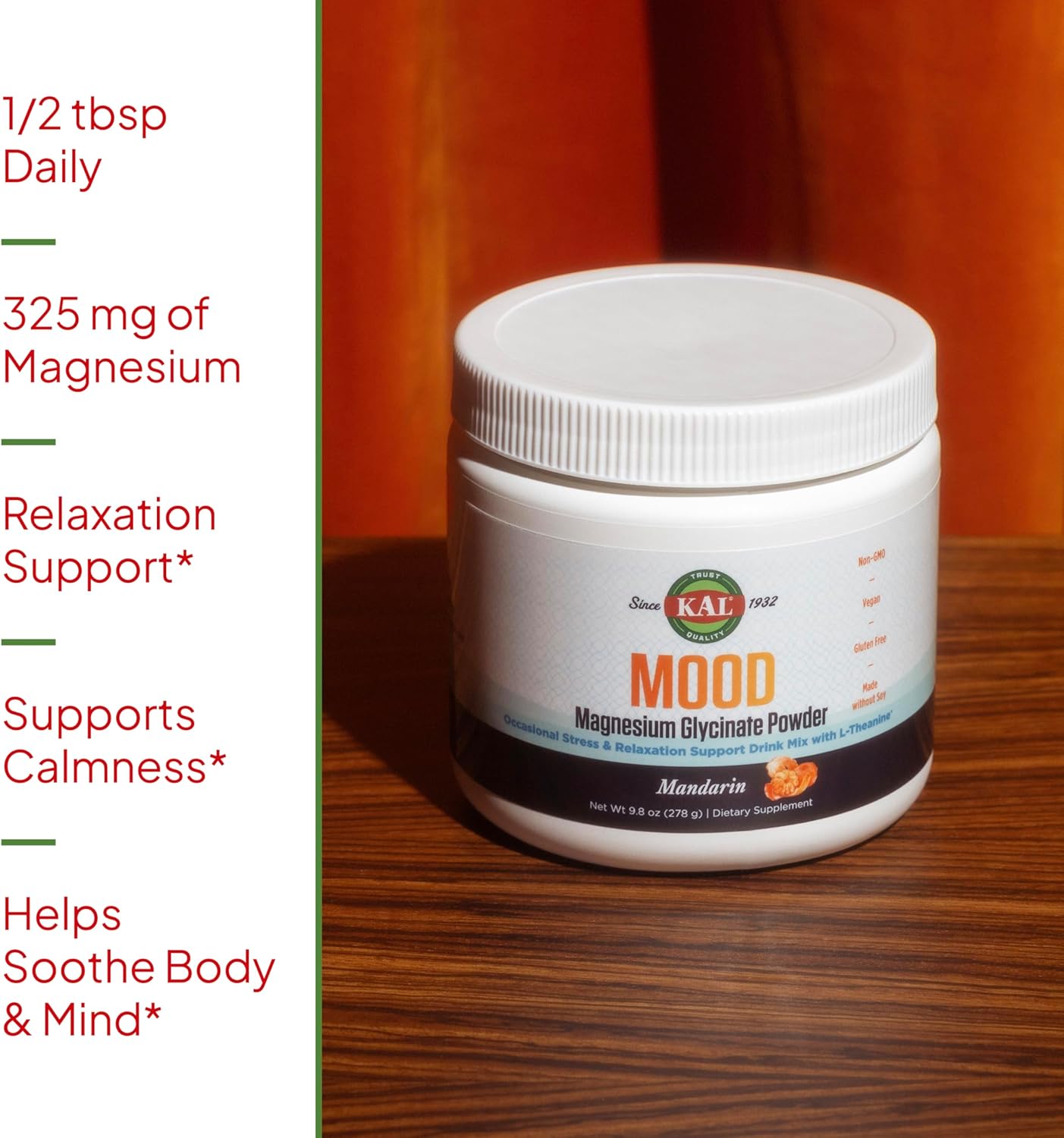 Mandarin Flavored KAL Mood Magnesium Powder with L-Theanine - Relaxation Support, Vegan & Gluten-Free Supplement - 40 Servings, 9.8 oz