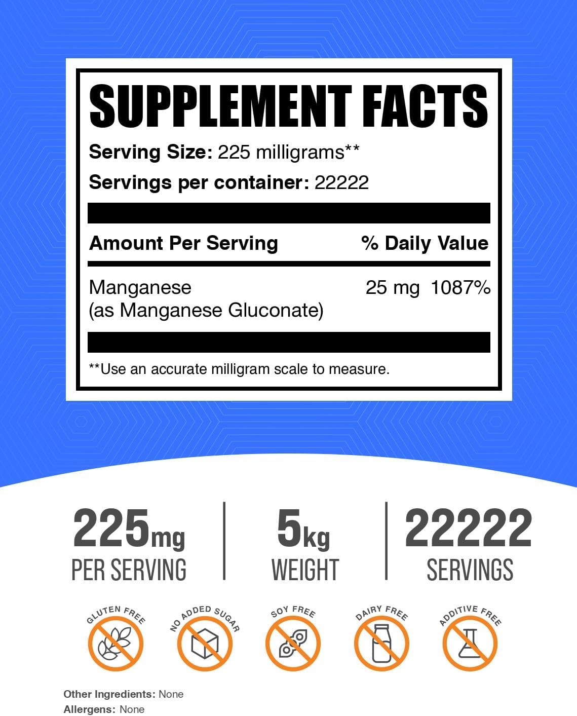 Manganese Gluconate Powder - High Absorption Manganese Supplement, Gluten Free, 225mg per Serving - Bulk Pack of 5, 5kg (11 lbs)
