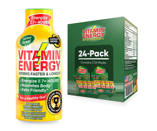 Mango Flavored B12 Energy Shots | Sugar-Free & Carb-Free Supplement | Boost Focus & Energy for 7+ Hours | Pack of 24 - 1.93 fl oz