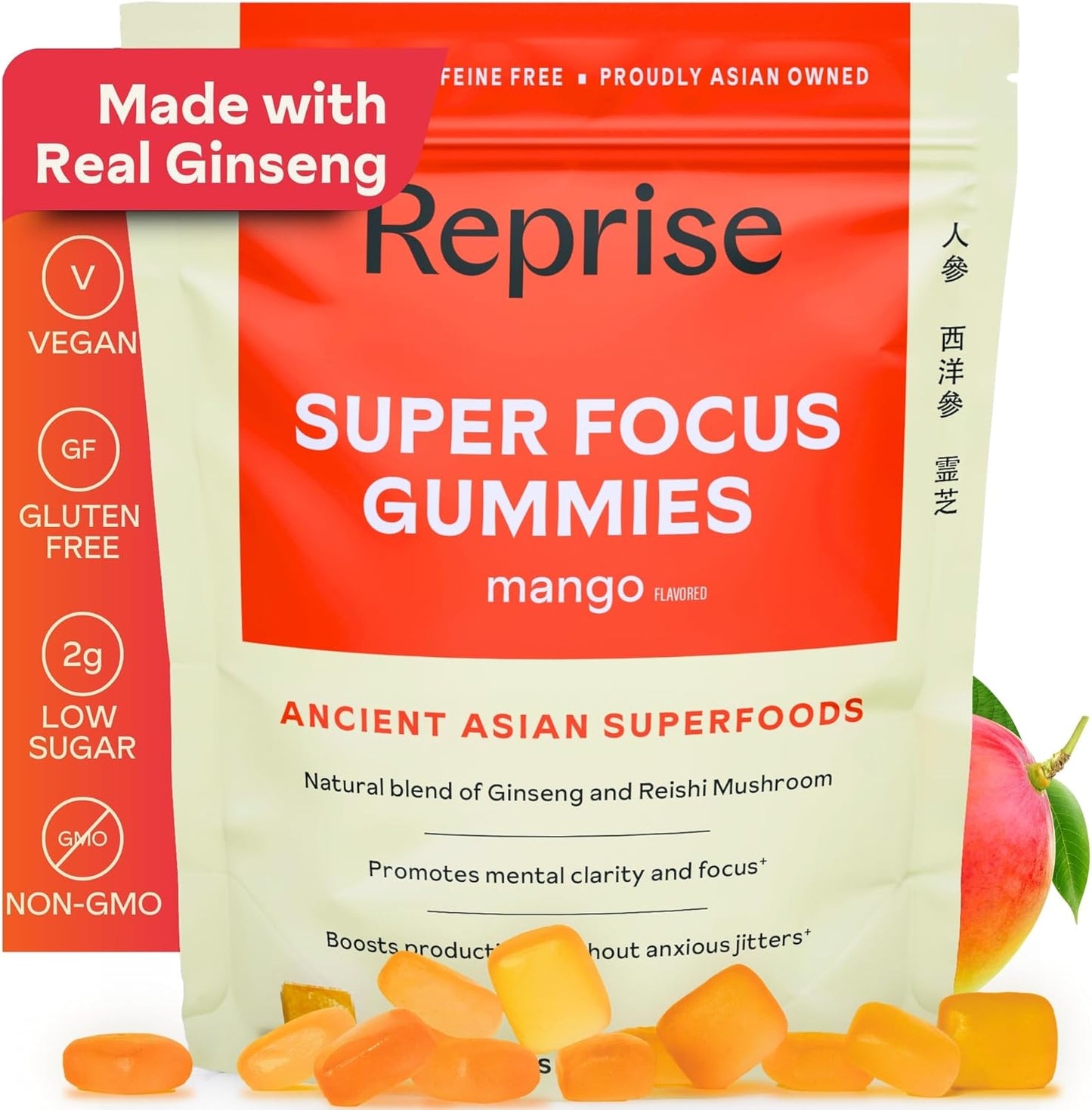Mango Flavored Focus Gummies for Adults with American & Korean Ginseng - 45 Count Pack - Natural Energy & Mood Support